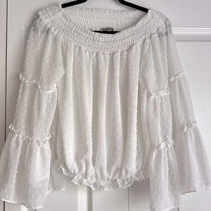 Vici off the shoulder white belle sleeve ruffle top